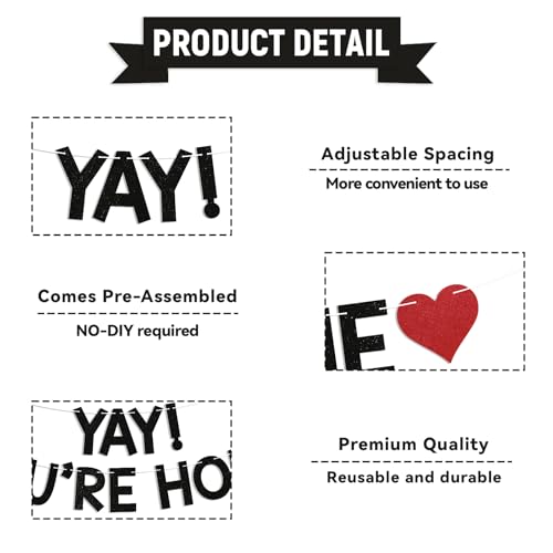 Image of Yay! You're Home! Banner - Welcome Back to Home Sign, Family Reunion Party Bunting Sign, Welcome Home Party Decorations Black Glitter