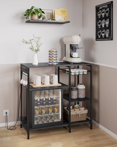 Image of VASAGLE Baker's Rack, Coffee Bar Stand with Charging Station, 35.6 Inches Tall, Storage Shelves, Pull-Out Wire Basket, Table for Microwave, Kitchen, Charcoal Gray and Ink Black UKKS036B22