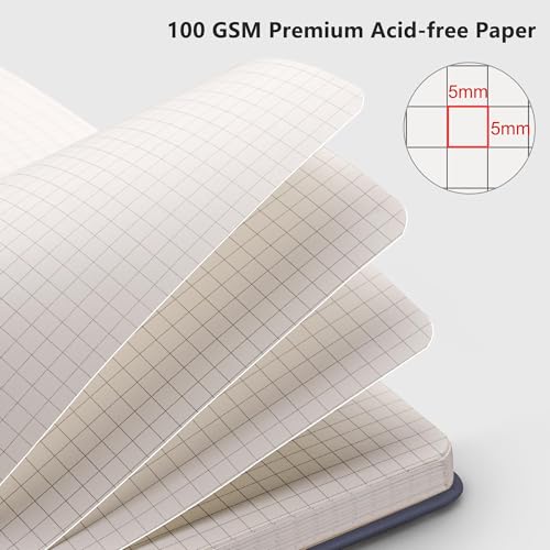 Image of RETTACY Graph Grid Paper Notebook, 192 Pages, A5 Size (5.7'' x 8.3'') | 5 Squares per Inch, Leather Hardcover, 100 GSM Thick Paper, for School, Students, Math, Engineering (Navy blue)
