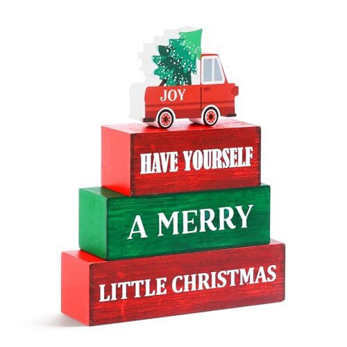 Image of 4 Pcs Christmas Wooden Tiered Tray Decor, Merry Christmas Decorations Gifts for Home, Winter Table Centerpiece for Xmas Party Kitchen Office