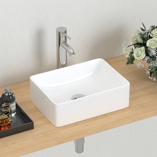 J-FAMILY 14.5 x 10.6 Small Vessel Sink Bathroom Above Counter White Porcelain Ceramic Rectangular Sink Small Vanity Sink Lavatory Wash Hand Basin