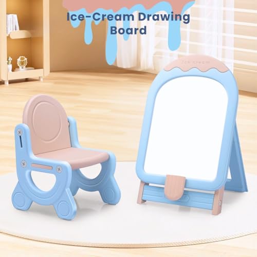 Image of Little Olive Kids Chair and Drawing Board with Easel Plastic Activity Table | Pastel Blue | DIY Creative Station for Toddlers and Preschoolers | Perfect for Drawing Writing and Studying