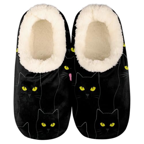 Black Cat House Slippers for Women Men, Black Funny Cat Fuzzy Soft Cozy Non Slip Slipper Socks
