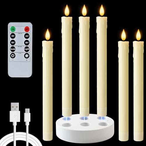 Homemory Rechargeable Waxy Flameless Taper Candles 9.6 Inches LED Candle Sticks Flickering Window Candles with Remote Timer Dimmer for Christmas Wedding Home Decor Ivory 6 Pcs