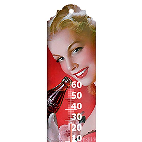 Termômetro Coca-Cola Pin Up Blond Lady Face Vermelho em Metal - Urban - 40,5x6,4 cm