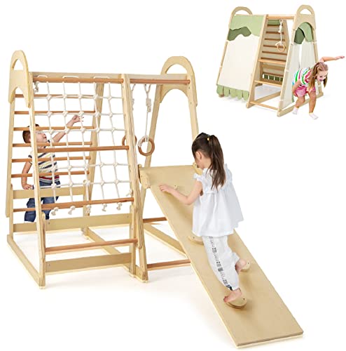 Image of INFANS 7 in 1 Kids Indoor Playground, Wooden Montessori Climber Playset with Tent Slide Climbing Rock Climbing Net, Playground Jungle Gym Structure Climbing Toys for Toddlers Boys Girls