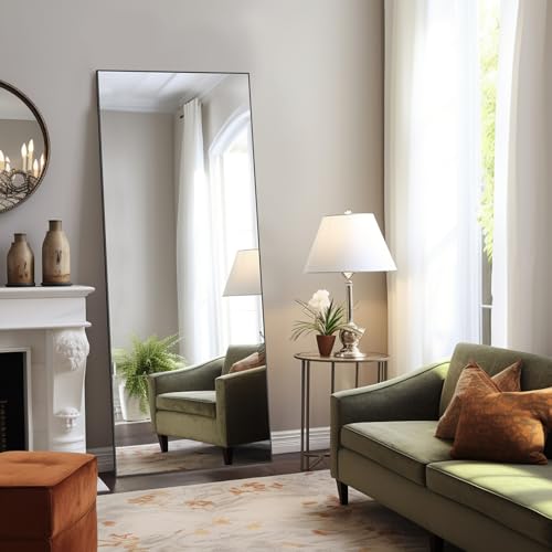 Aidoly Mirror Full Length, Upgraded 16\"x59\" Body Wall Mirrors with Shatter-Proof Glass, Floor Standing, Hanging or Leaning, Tall Mirror with Stand Aluminum Alloy Frame for Bedroom, Black