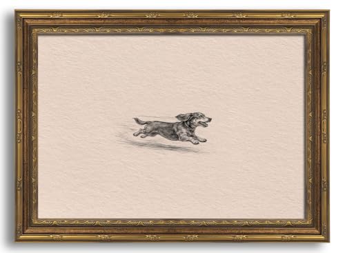 Image of Gold Framed 3D Textured Wall Art, Vintage Sketch Running Dog Canvas Prints, Minimalist Zoomies Flight Dog Pictures Decor, Neutral Funny Animal Gallery Artwork for Living Room Bedroom Nursery 16x12 in