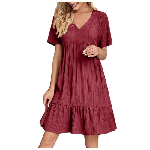 Kleid Damen Sommer Kurz Strandkleid Hoher Taille Abendkleid mit Plissee Elegant Einfarbig Cocktailkleid Oversized Baumwoll Sommerkleid V-Ausschnitt...