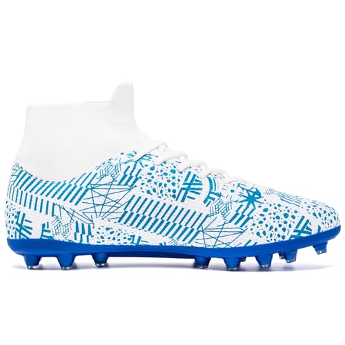 KouAzAz Adult Soccer Cleats Men Lightweight Football Boots Breathable Professional Sneaker Sport Athletic Ground Football Shoes White-Blue