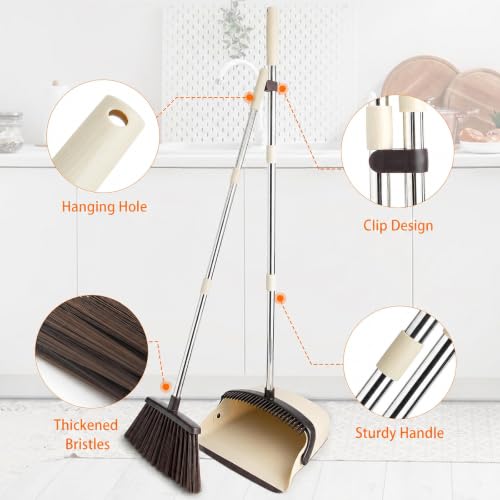 Image of Broom and Dustpan Set, Dustpan Combo with 51 inch Stainless Steel Long Handle Brooms with 5-Layer Soft Bristles for Home Office Kitchen Bathroom(Beige)