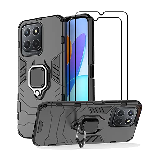 MMlife for Honor X8 5G / Honor X6 Kickstand Case with Tempered Glass Screen Protector [2 pieces] Hybrid Heavy Duty Armor Dual Layer Anti-Scratch Case Cover Black