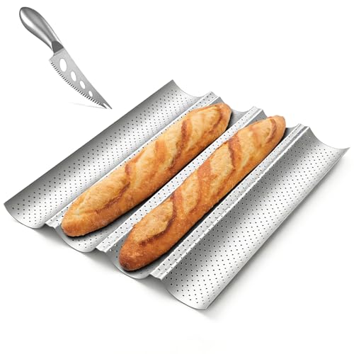 MOPUBZO Baguette Backform (38 x 33 cm), Baguette-Backblech für 4 Baguettes mit Antihaftbeschichtung, Baguetteblech aus Karbonstahl, Baguetteform, Brotbackform Brot, Brot Backen Zubehör