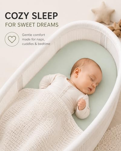 Image of 3-Pack Organic Jersey Cotton Bassinet Fitted Sheets - Fits 32 x 16 x 4 Inch Pads - Compatible with Halo, Snoo, Graco, Dream On Me, Delta - for Oval, Hourglass, and Rectangular Bassinet Mattresses