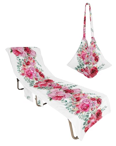 Pink Red Floral Valentines Beach Lounge Chair Towel Cover, Soft Chaise Lounge Towel with Side Pockets Patio Pool Chairs Cover for Beach/Pool Sunbathing 29x85 Watercolor Eucalyptus Leaves
