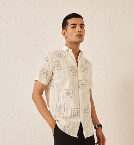 Image of Majestic Man Men's Slim Fit Pure Cotton Printed Casual Shirt - Short Sleeve | Premium Breathable Fabric | Modern Geometric Design