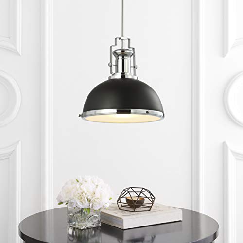 Image of JONATHAN Y Homer Industrial Dome Pendant 13 inch, Black /Chrome | 1-Light, Farmhouse Style, Adjustable Hanging Height, Glass Diffuser, Sloped Ceiling Compatible, Metal, LED Bulb Included