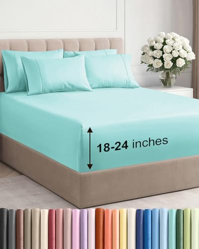 Image of Extra Deep Full Sheet Set - 6 Piece Breathable & Cooling Sheets - Spa Blue | Hotel Luxury Bed Sheets Set, Easy & Secure Fit, Ultra-Soft, Wrinkle & Fade Free, Comfy Sheets Set with Extra Deep Pockets