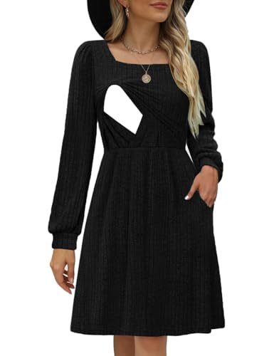 CzzzyL Womens Nursing Latched Mama Fall Fashion 2024 Teacher Dress Maternity Breastfeeding Winter Dresses with Pockets Black Medium