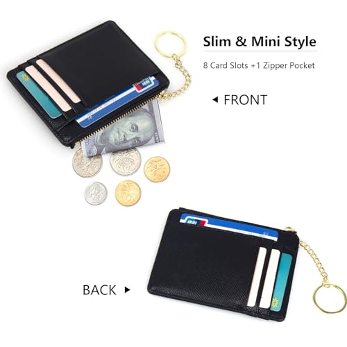 Image of Slim RFID Blocking Card Holder Small Pocket Wallet Keychian Zipper Coin Purse Mini Cash & Coin & Cards Case for Women Men, Black, s, Slim Rfid Blocking Card Holder Small Pocket Wallet