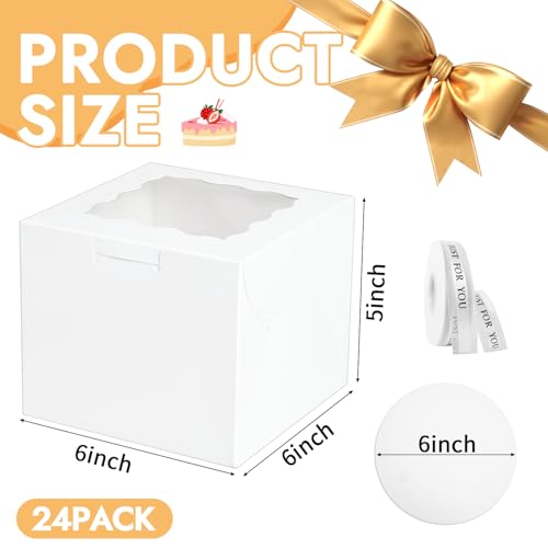 JCD 48pcs Bakery Boxes with Window,6x6x5in Small Bento Cake Box, Mini Cake Boxes sets cake within 6'' (24 Boxes & 24 Boards), Package for Pastries, Cupcakes, Birthday, Wedding(6 * 6 * 5inch/24sets) by JCD - Image 2