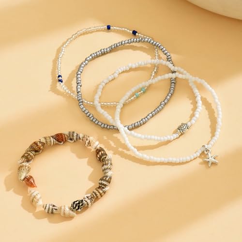 Image of Ankle Bracelets for Women Stretch Boho Pearl Bead Gold Anklets Layered Sequins Foot Chain Hawaiian Beach Conch Summer Vacation Travel Foot Jewelry