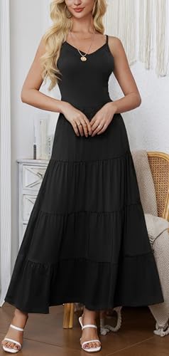 Image of Women's Summer Flowy Tiered Maxi Dress Elegant Spaghetti Strap with Ruffled Skirt Beach Vacations Parties