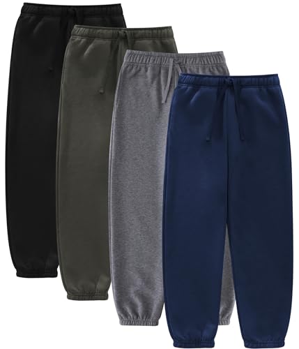 Boys Sweatpants, Fleece Lined Joggers, 4-Pack Baggy Athletic Pants, Youth Kids Activewear, Size 4-16