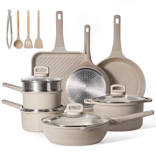 CAROTE Pots and Pans Set Nonstick, 16Pcs Kitchen Cookware Sets, Stackable Induction Cookware, Pot and Pan set, Pans for Cooking, Taupe Granite