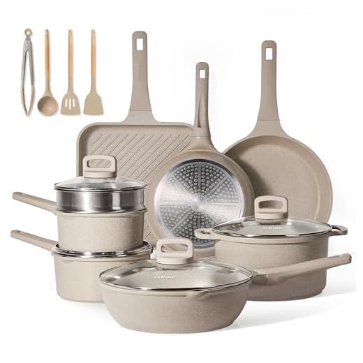 CAROTE Pots and Pans Set Nonstick, 16Pcs Kitchen Cookware Sets, Stackable Induction Cookware, Pot and Pan set, Pans for Cooking, Taupe Granite