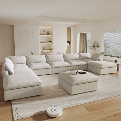 Image of Cloud Couch Modular Sectional Sofa,196inch U-Shaped Sectional Sofa with Storage Ottomans,Oversized Down Filled Convertible 9 Seater Linen Living Room Sets, Covers Washable&Replaceable,Khaki
