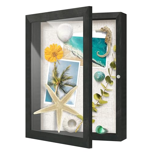 FrameWorks 8.5x11 Deep Shadow Box Frame, Wooden Display Case w. Linen Board & Tempered Glass Door - Black Woodgrain - Medium - Wall Mounted
