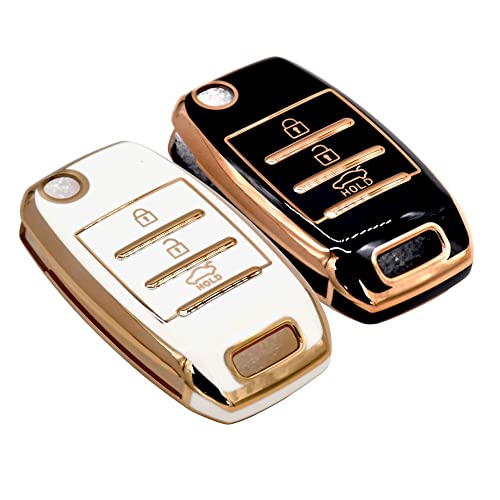 Image of KMH TPU Gold Car Smart Key Cover Compatible for Kia Seltos and Sonet 3 Push Button Smart Flip Key Shell Case Holder, Full Key Protection (Black Gold & White Gold) Pack of 2