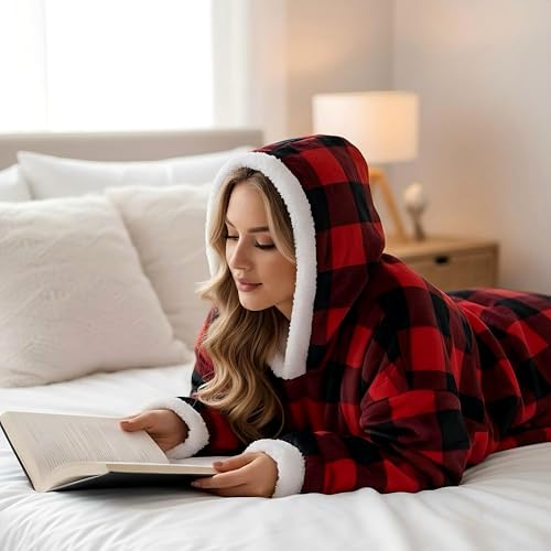 Nvatorfox 5FT Oversized Wearable Blanket Hoodie Flannel Sherpa Fleece Warm Cozy Christmas Wrap Throw Gifts for Adult (Black Red) - image 3