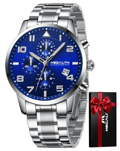 MEGALITH Relógios homem analógico militar cronógrafo aço inoxidável calendário desportivo relógio homem clássico presente, Prateado - azul, pulseira