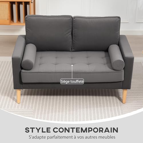 HOMCOM Canapé 2 Places canapé Moderne en Velours 127 cm, Coussins à Ressorts épais, Pieds en Bois d'hévéa, 2 oreillers et Assise capitonnée, Banquette 2 Places pour Salon, Chambre, Petit Espace, Gris – Image 6