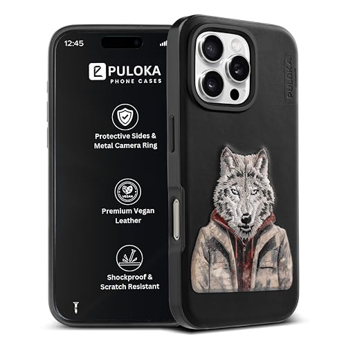 Image of PULOKA - Mobile Cover Compatible for iPhone 16 Pro Max - Wolf Embroidery - Sleek & Stylish - Protective & Anti Scratch Phone Cover Vegan Leather Back Case - Men & Women - Black