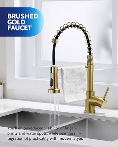 Image of LUFEIDRA Kitchen Faucet with Pull Down Sprayer and Soap Dispenser, High Arc Spring 304 Stainless Steel Single Handle 1 or 3 Hole 2 Mode for Farmhouse RV Camper Laundry Wet Bar (Gold)