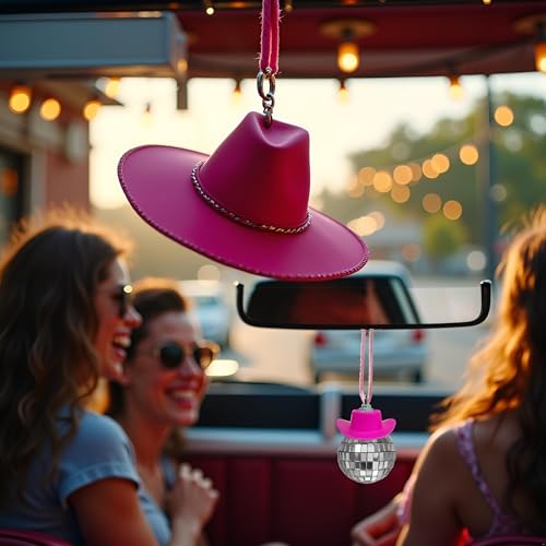 Image of Pink Disco Ball Car Accessory, Disco Car Mirror Ornament, Disco Cowboy Hat Car Charm, Car Disco Decor, Disco Ball for Car Mirror Decor, Disco Car Charm Car Mirror Hanging Accessories