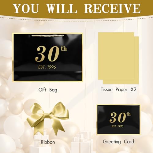 Image of JMANNI 30th Birthday Gift Bag with Card and Tissue Paper for Men Women Him, 14.2 inch Elegant Black Gold Anniversary Keepsake Party Present Shopping Paper Bags for Gifts Wrapping (EST.1996 /Black /Large)