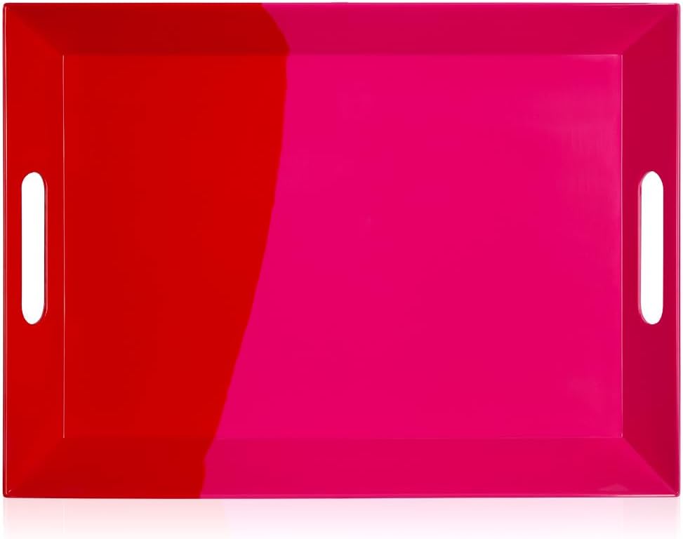 Melamine Serving Tray with Handles, Chip and Break Resistant, Durable and Kid-Friendly Food Tray for Indoor and Outdoor, Dishwasher Safe (Fuchsia/Red) Orange/Salmon