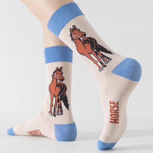 Image of 5 Pairs Cute Animal Crew Socks Fun Casual Cotton Calf Socks for Women (US, Alpha, One Size, Regular, Regular, Horse)