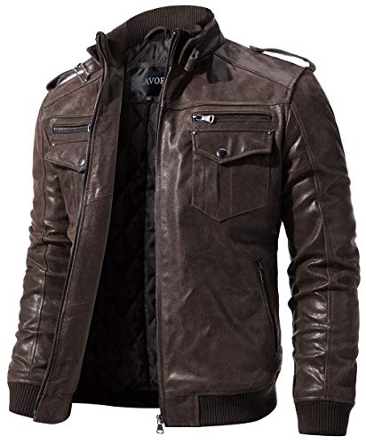 FLAVOR Chaqueta de Moto de Cuero marrón Retro de Motorista para Hombre Chaqueta de Cuero Genuino (Marrón Oscuro, XL)