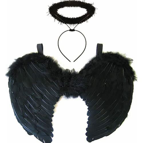 jokeshop Black Feather Wings & Halo Dark Angel Fairy Fancy Dress Gothic Halloween Cosplay Costume