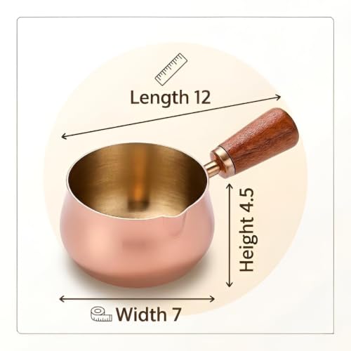 Image of Mini Turkish Coffee Pot with Wooden Handle | Premium Stainless Steel Cezve Coffee Maker | Copper Finish Milk Heating Pot for Turkish Coffee, Butter Melting, Sauce, Tea & Tadka | 50 ML