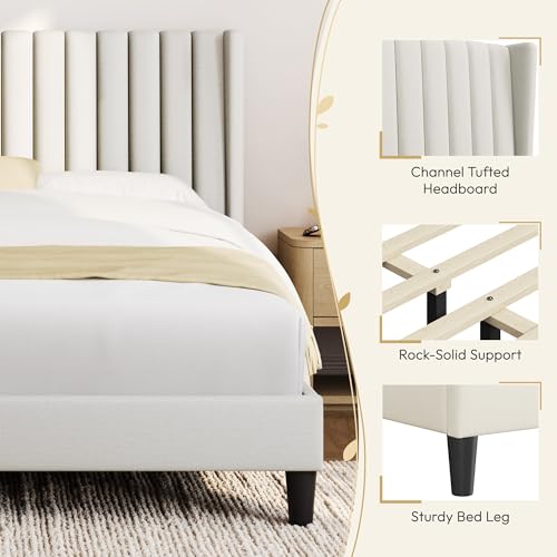 Image of Yaheetech Queen Bed Frame with Headboard, Ivory Channel-Tufted Platform