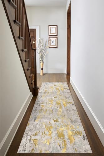 vivorug Runner Rug 2x10 Machine Washable Rug with Non-Slip Backing, Ideal for Kitchen Hallway Entryway Laundry Room - Modern Abstract, Durable, Easy Clean, Low Pile Carpet Runner, Grey/Mustard