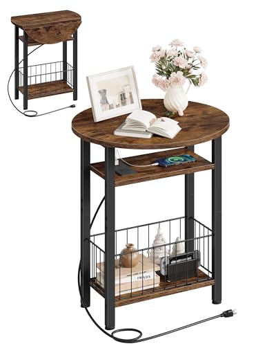 CHOEZON Folding Side Table, Side Table with Charging Station, 3-Tier Narrow End Table with Folding Top, Round Side Table for Small Spaces, for Living Room, Bedroom, Rustic Brown TBZ10UBF