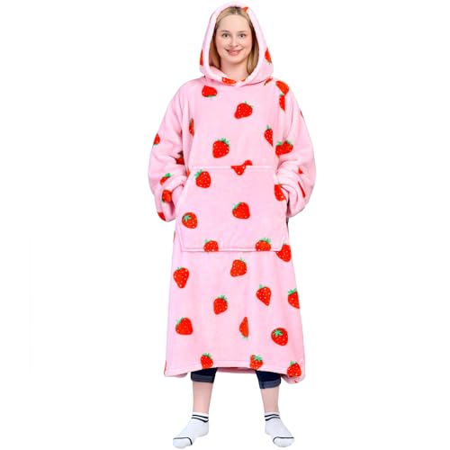 Image of Waitu Wearable Blanket Sweatshirt Gifts for Women and Men, Warm and Cozy Giant Blanket Hoodie, Thick Flannel Blanket with Sleeves and Giant Pocket - Strawberry Pink