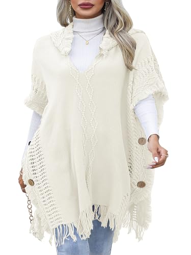 JFAN Poncho para Mujer Invierno Capas de Punto con Capucha y Botones Ponchos con Borlas Blanco